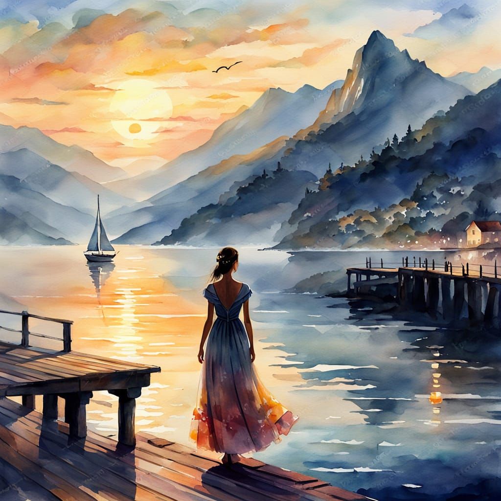 Girl Watching Sailboat at Sunset in Watercolor Style