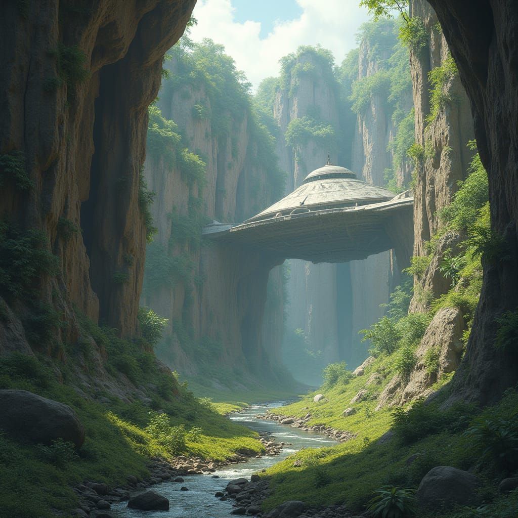 Jungle Temple Ruins with Spaceship in Photorealistic Style