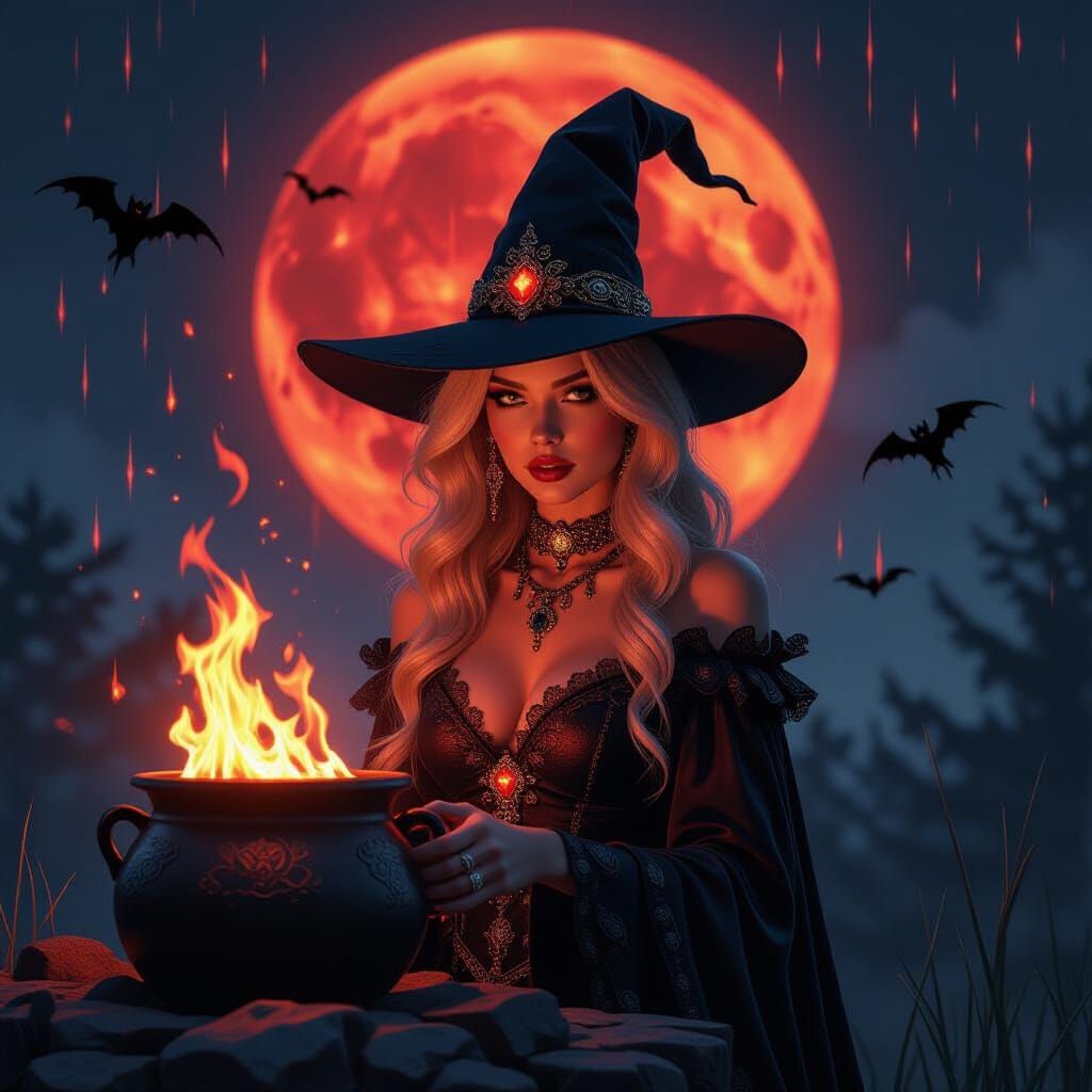 Blond Witch Beside Burning Cauldron Under Red Moon