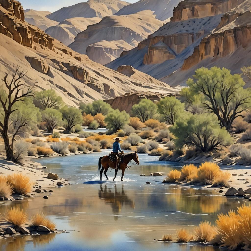 Cowboy on Horseback in Desert River Watercolor