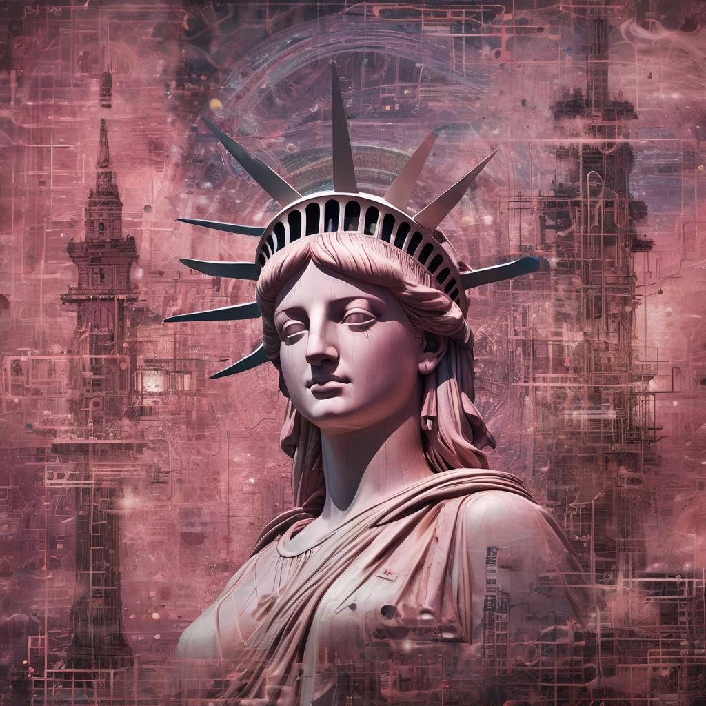 Surreal Statue of Liberty Quantum Entanglement Overlay
