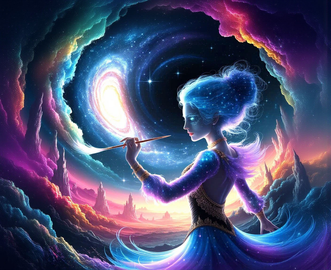 Celestial Artist Paints Galaxies in Starlight Matte Painting