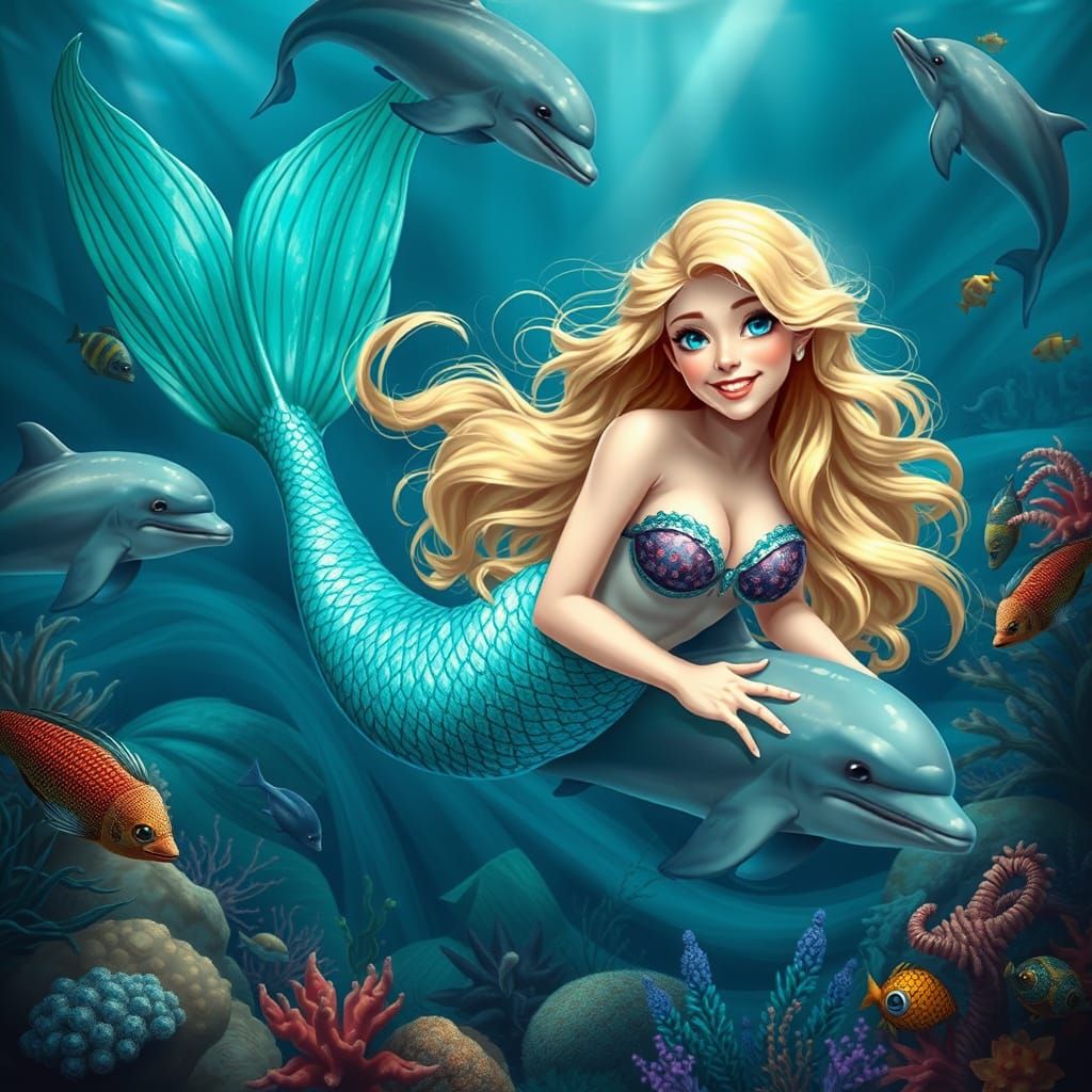 Blond Mermaid Swimming with Dolphins: Photorealistic Art