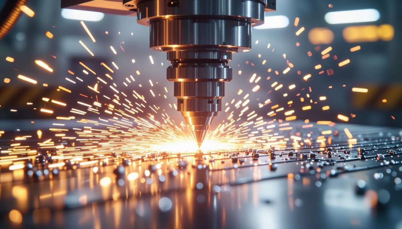 CNC Machine Cuts Titanium with Sparks in Dramatic Studio Lig...