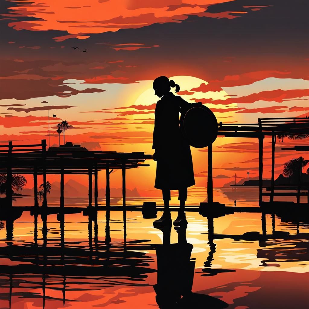 Silhouette Art of Girl at Sunset