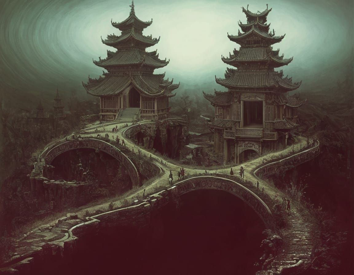 Surreal Japanese Pagoda Landscape in Intricate Detail