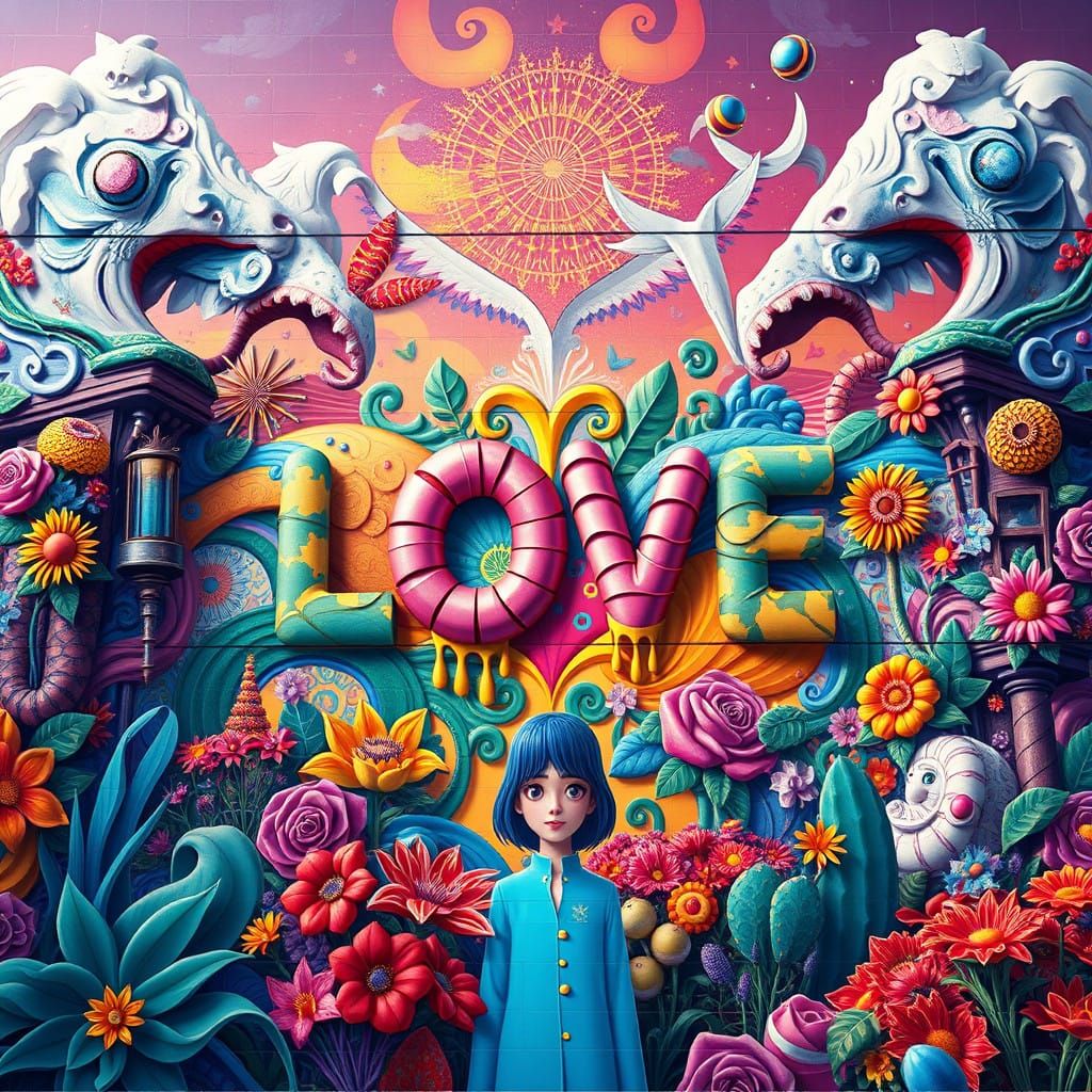 Fantasy Mural of Love and Unity in Vibrant 3D