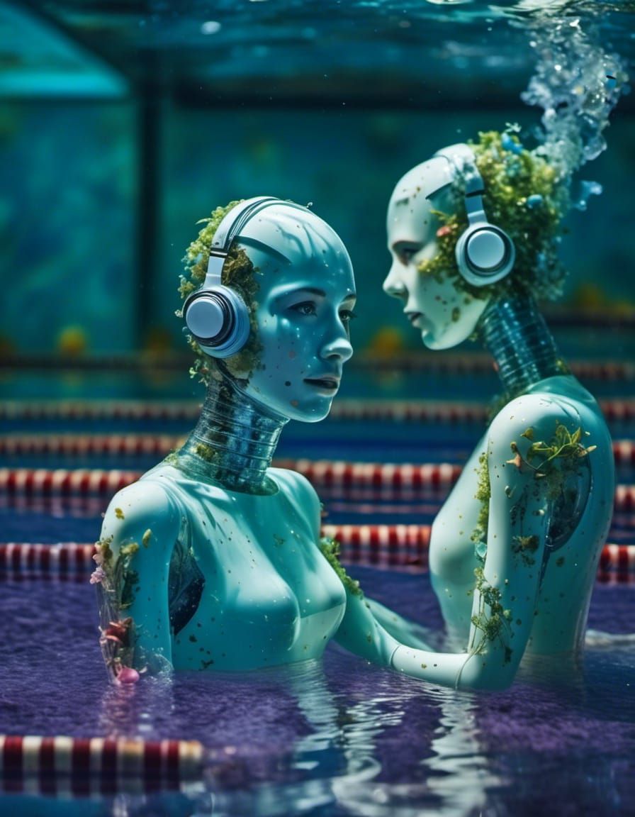 Hyperreal Robots Enjoying an Indoor Swimming Pool