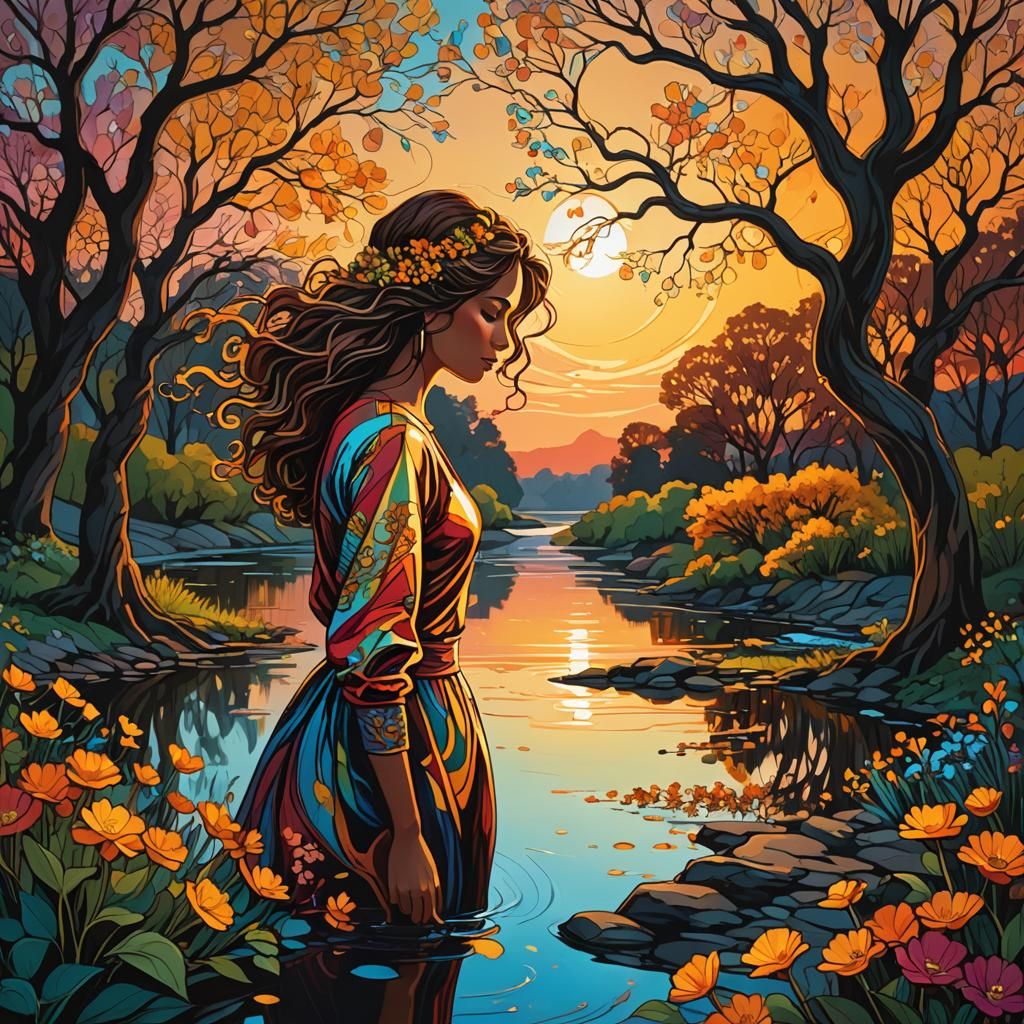 Colorful Line Art: Woman by River at Sunset