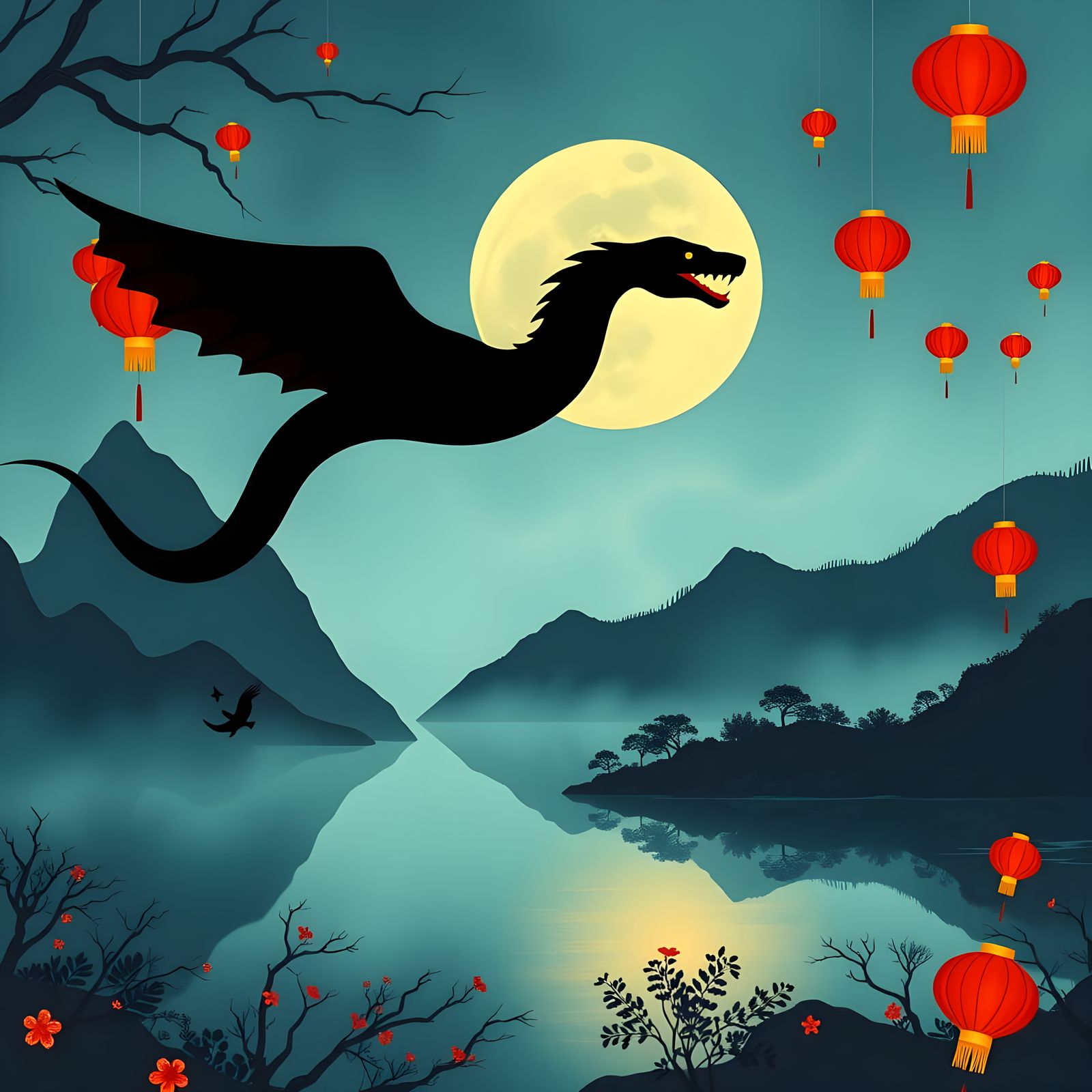 Magical Flying Snake Over Mountain Lake