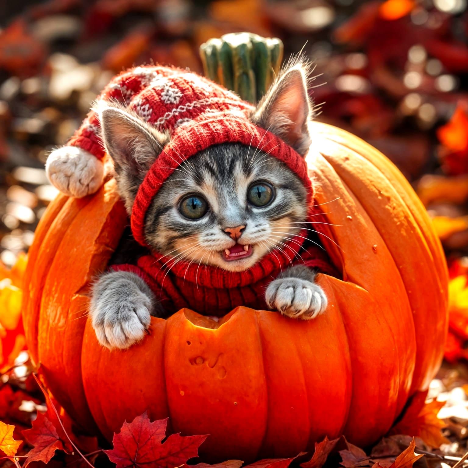 Cute Kitten in Jack-o'-Lantern, Photorealistic Style
