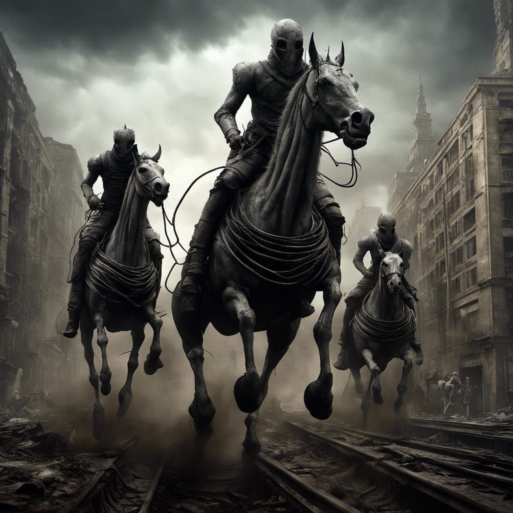 Apocalyptic Horsemen on Metal Steeds in Ruined City