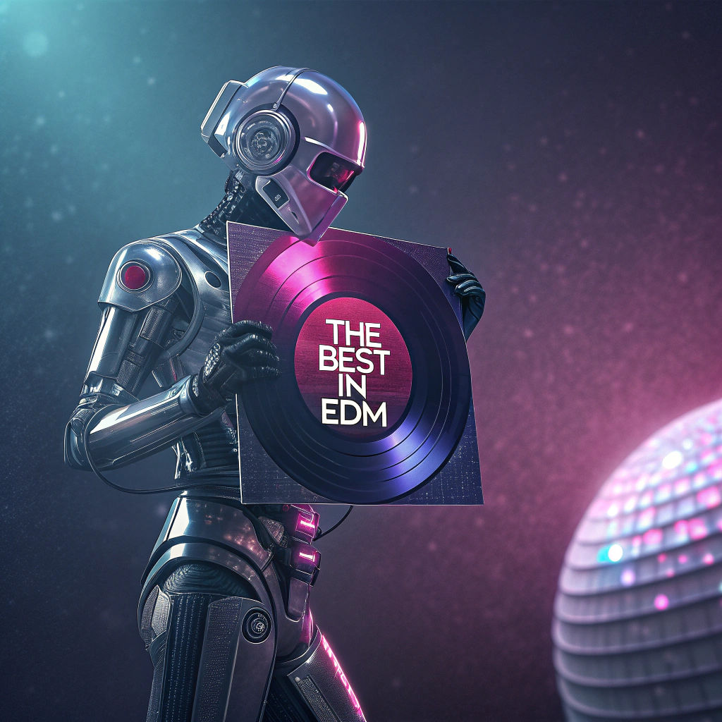 Sleek Robot Holding EDM Record: Photorealistic Art