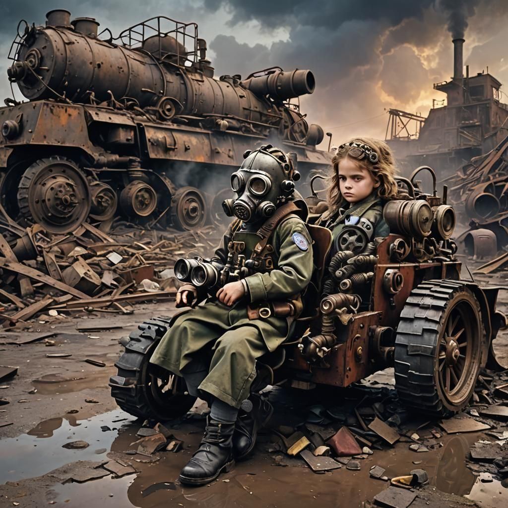 Dieselpunk Wasteland: Girl in Wheelchair Amidst Ruins