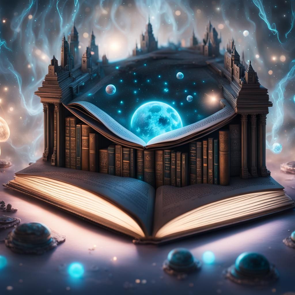 Bioluminescent Sci-Fi Library with Neon Celestial Elements