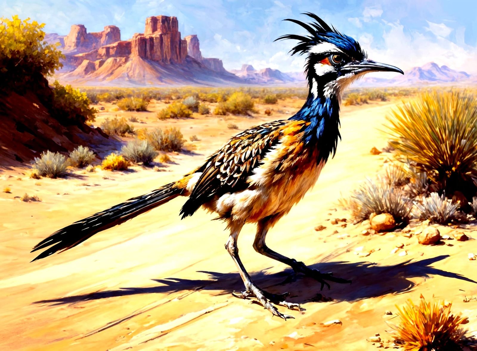 Beautiful roadrunner in the desert, detailed background, by Pino Daeni  (search bird)