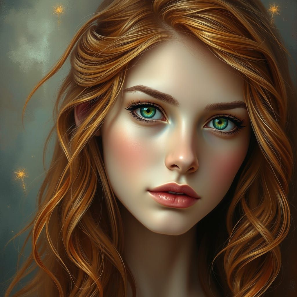 Softly Contemplative Woman in Vibrant, Dreamlike Landscape