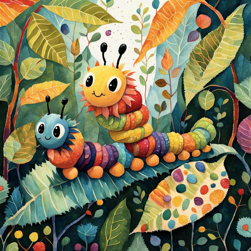 Whimsical Caterpillar Friends in Colorful Fabric Landscapes