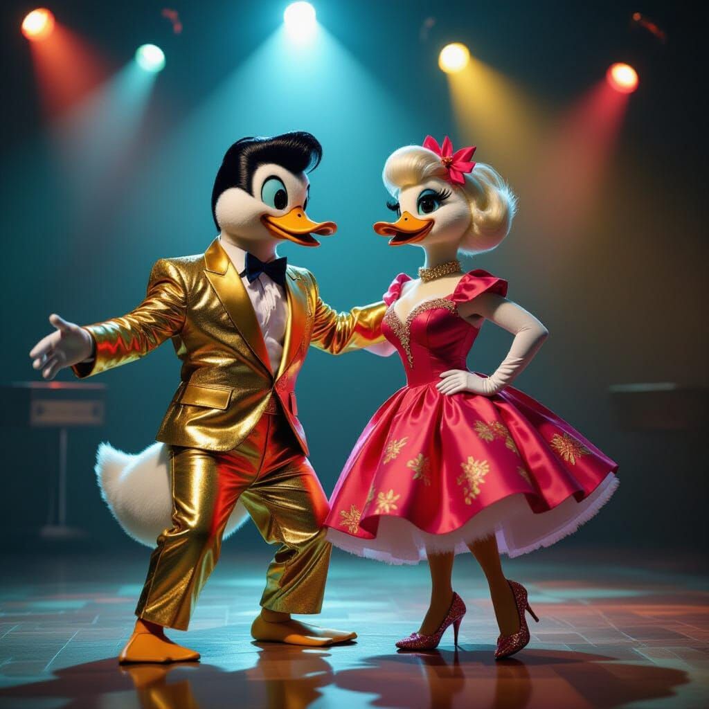 Elvis Duckling Disco: A Cinematic Film Still