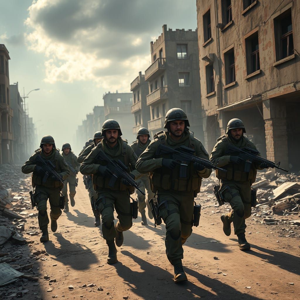 Squad of Elite Soldiers Moves Through Urban Ruins in High-Fa...