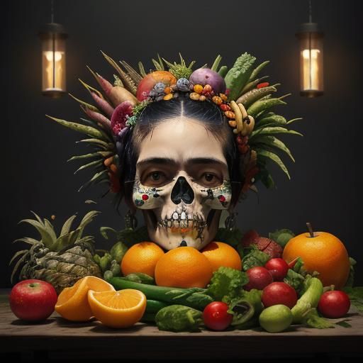 Cyberpunk Still Life: Frida Kahlo Angel Skull