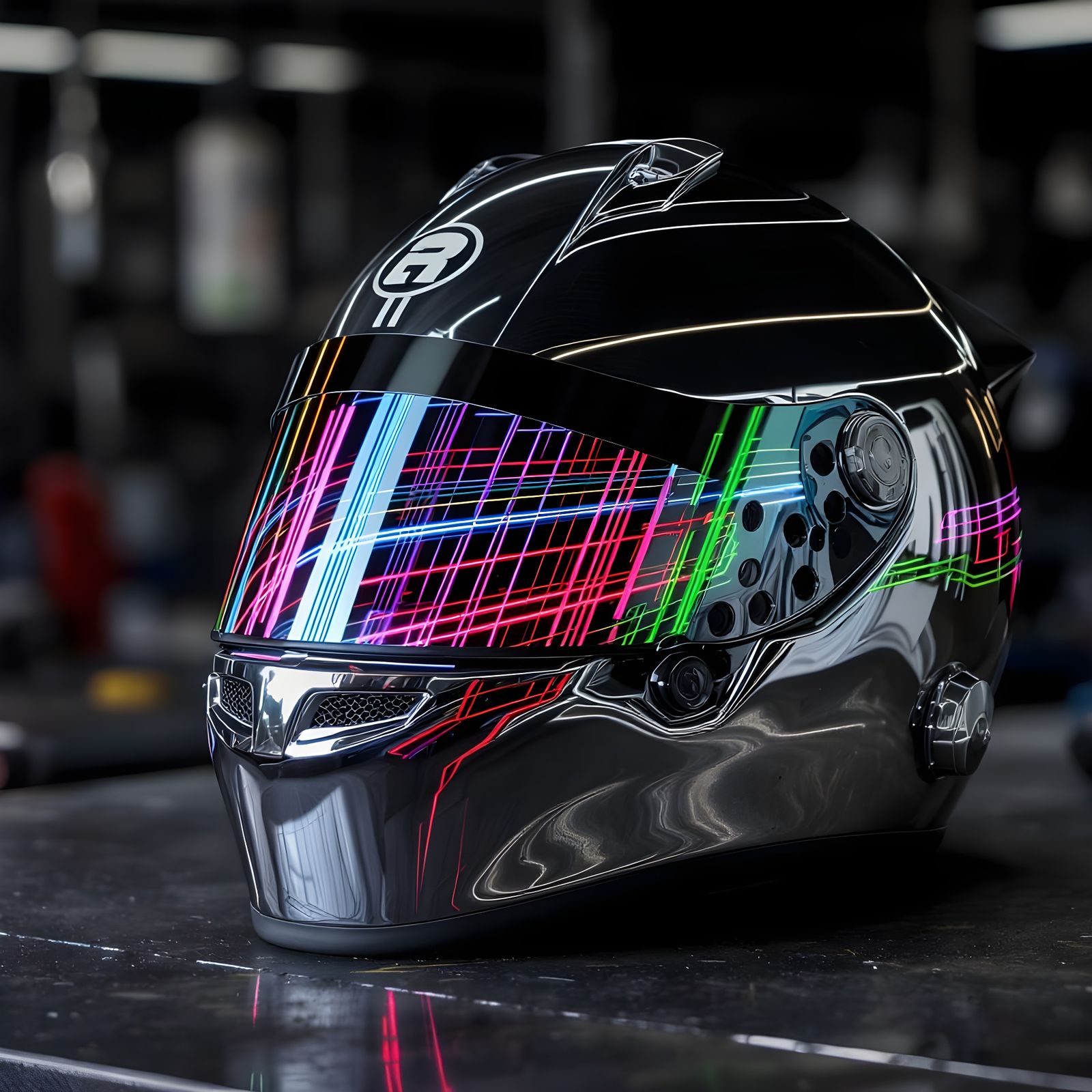 Hyperrealistic Chrome Helmet Reflecting Neon Lights