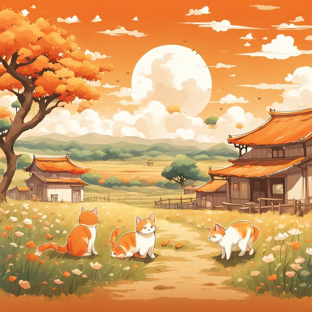 Chibi Cats in Serene Anime Landscape