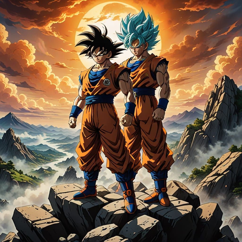 Heroic Goku on Rocky Mountain Peak in Vibrant Anime Style