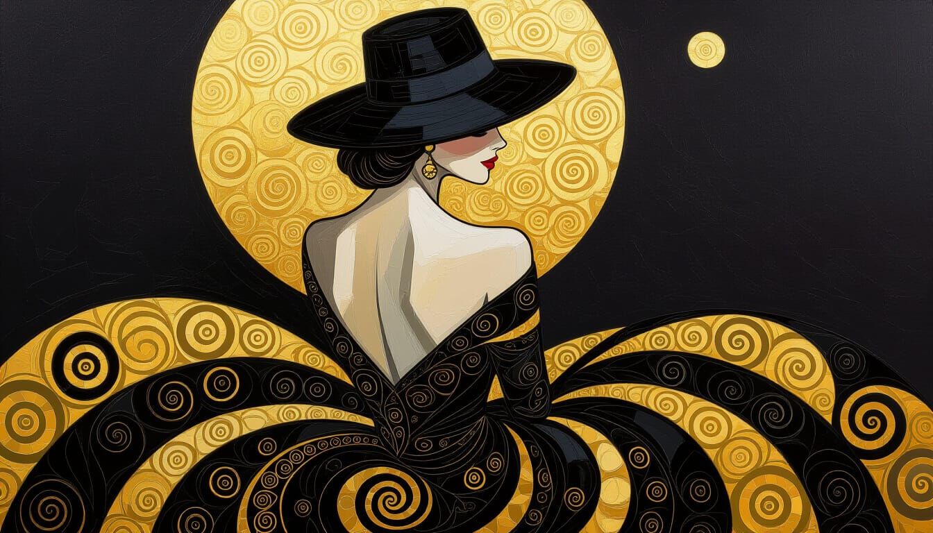 Woman in Black Hat with Golden Dress, Impasto Style