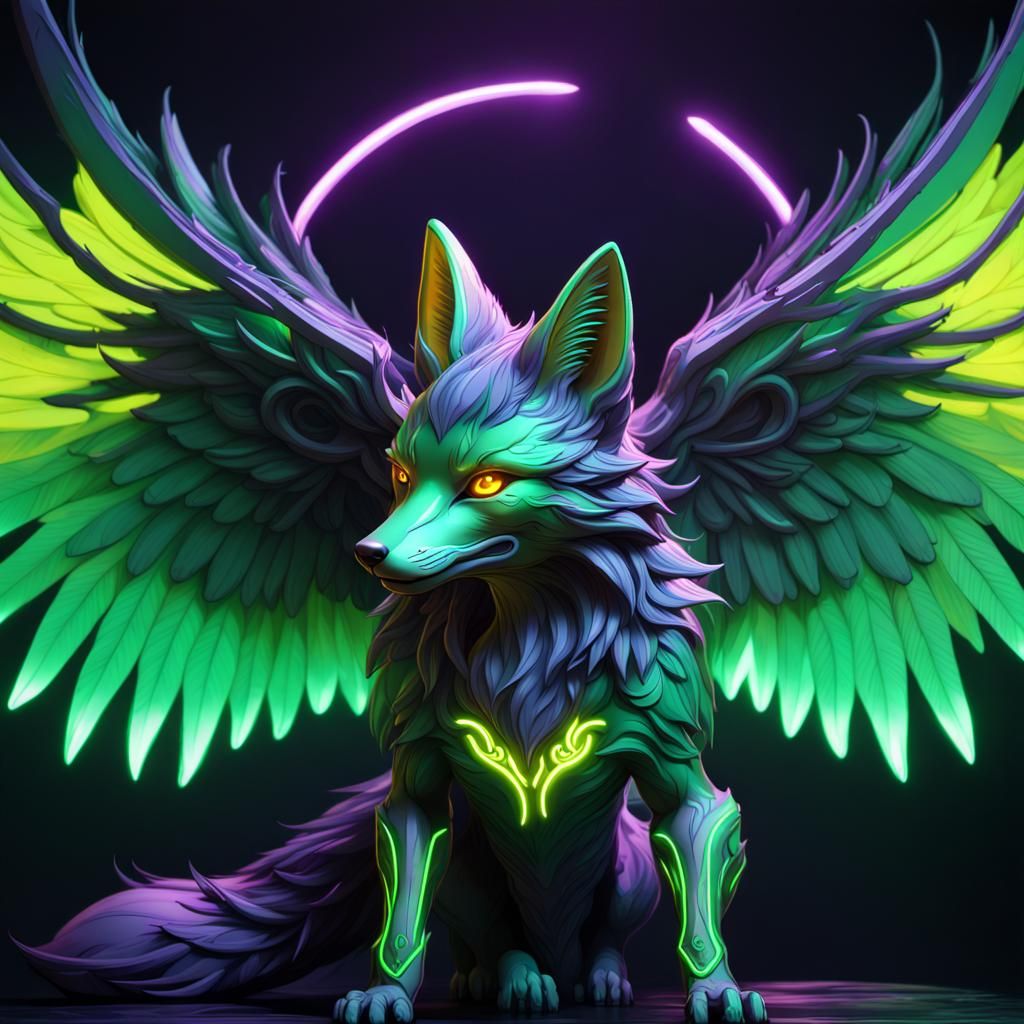 Winged Green Fox in Neon Light