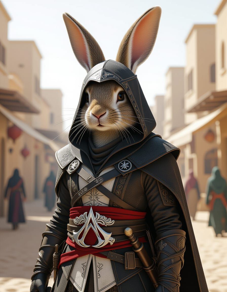 Anthropomorphic Rabbit Assassin in Desert City Portrait