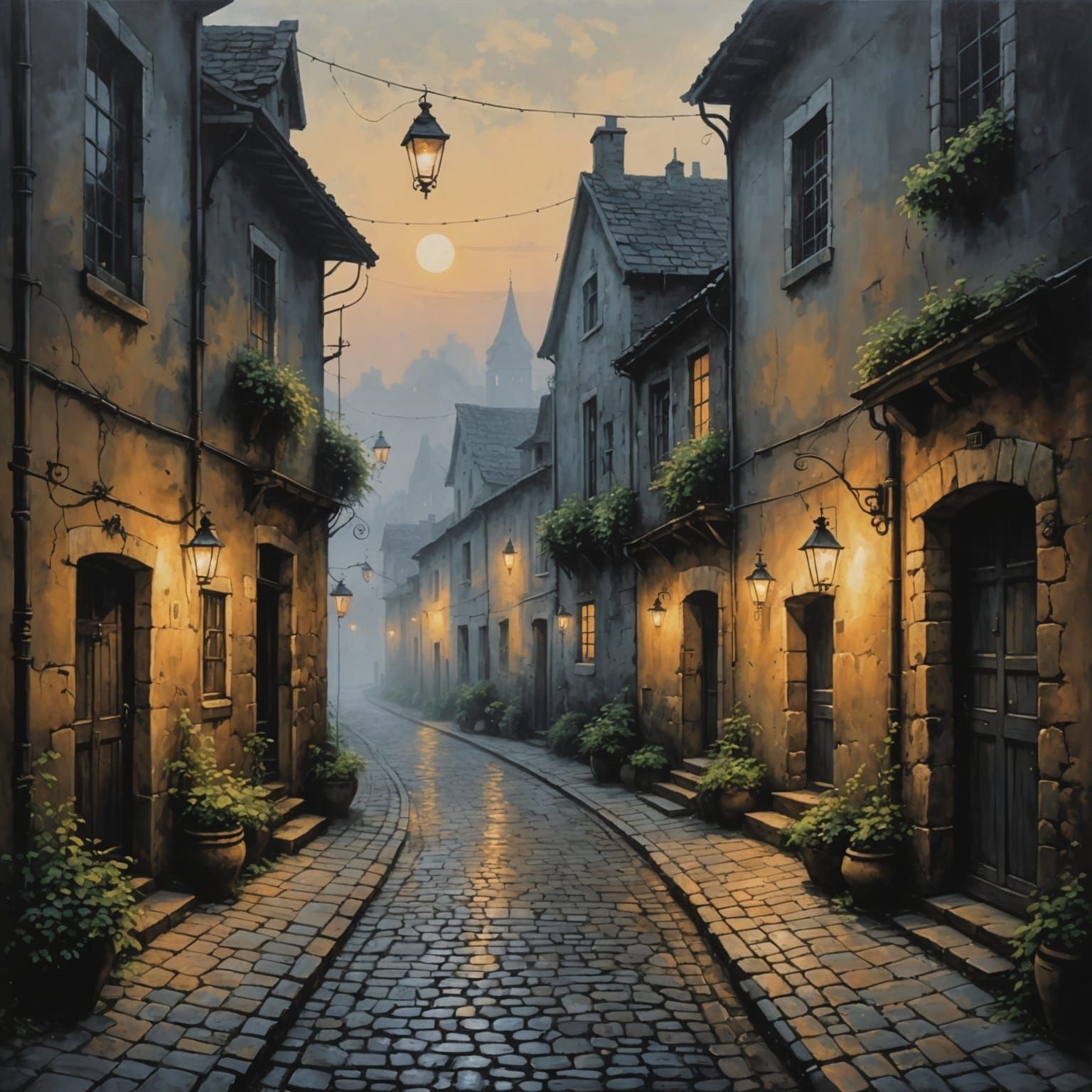 Ethereal Village Alleyway at Sunrise: Acrylic Painting