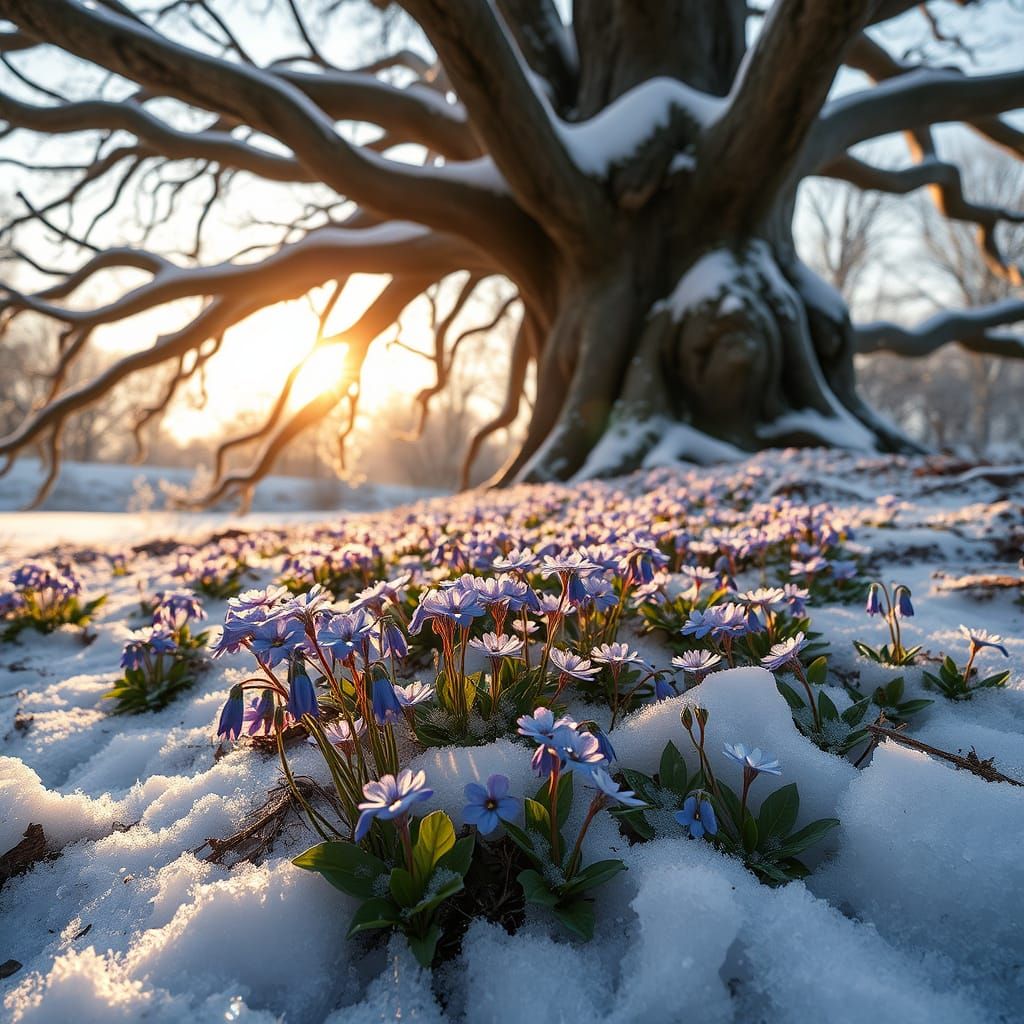 Serene Blue Hepatica Flowers in Snowy Clearing