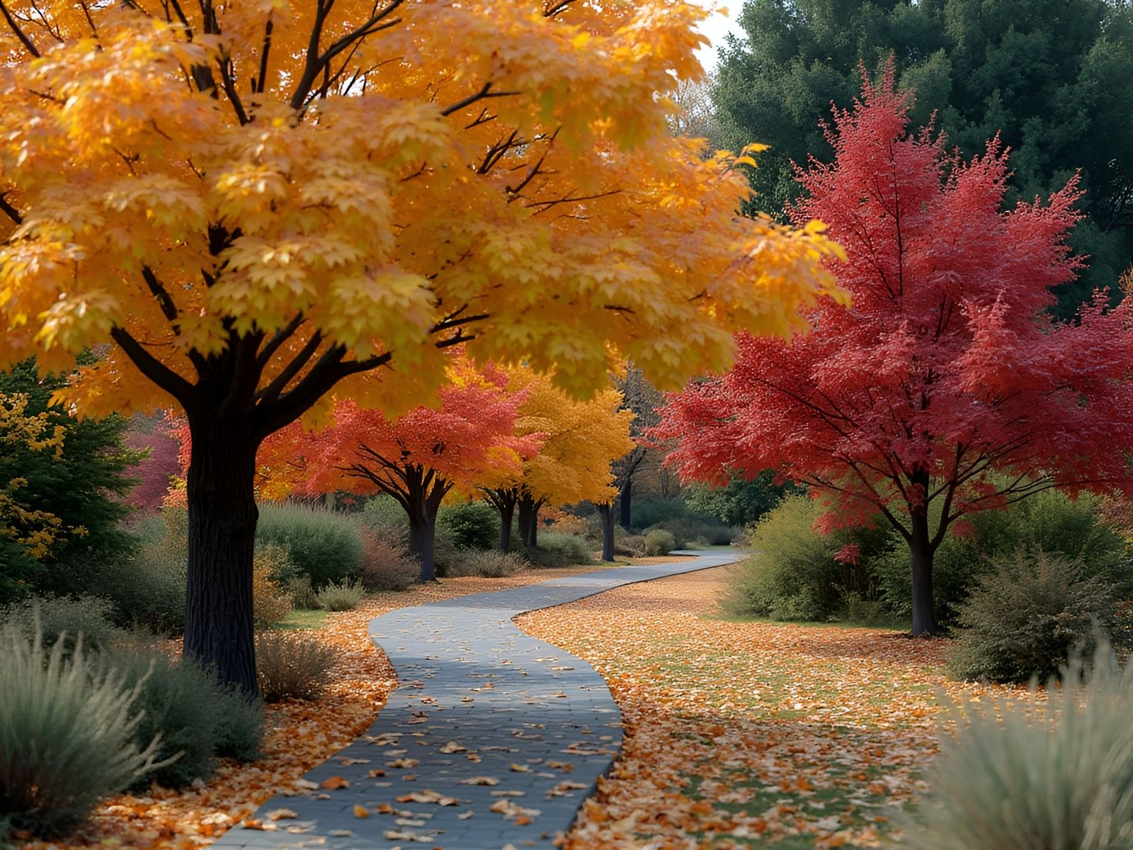 Photorealistic Autumn Pathway Through Vibrant Fall Trees