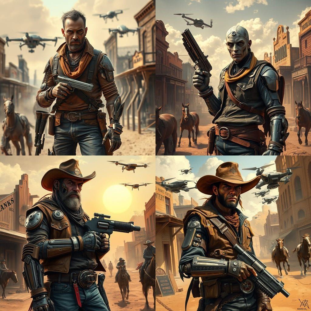 Cyborg Outlaw in Steampunk Frontier Town