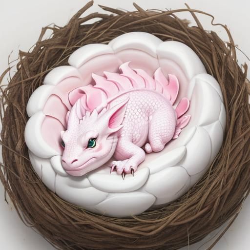Cute White and Pink Baby Dragon in Nest
