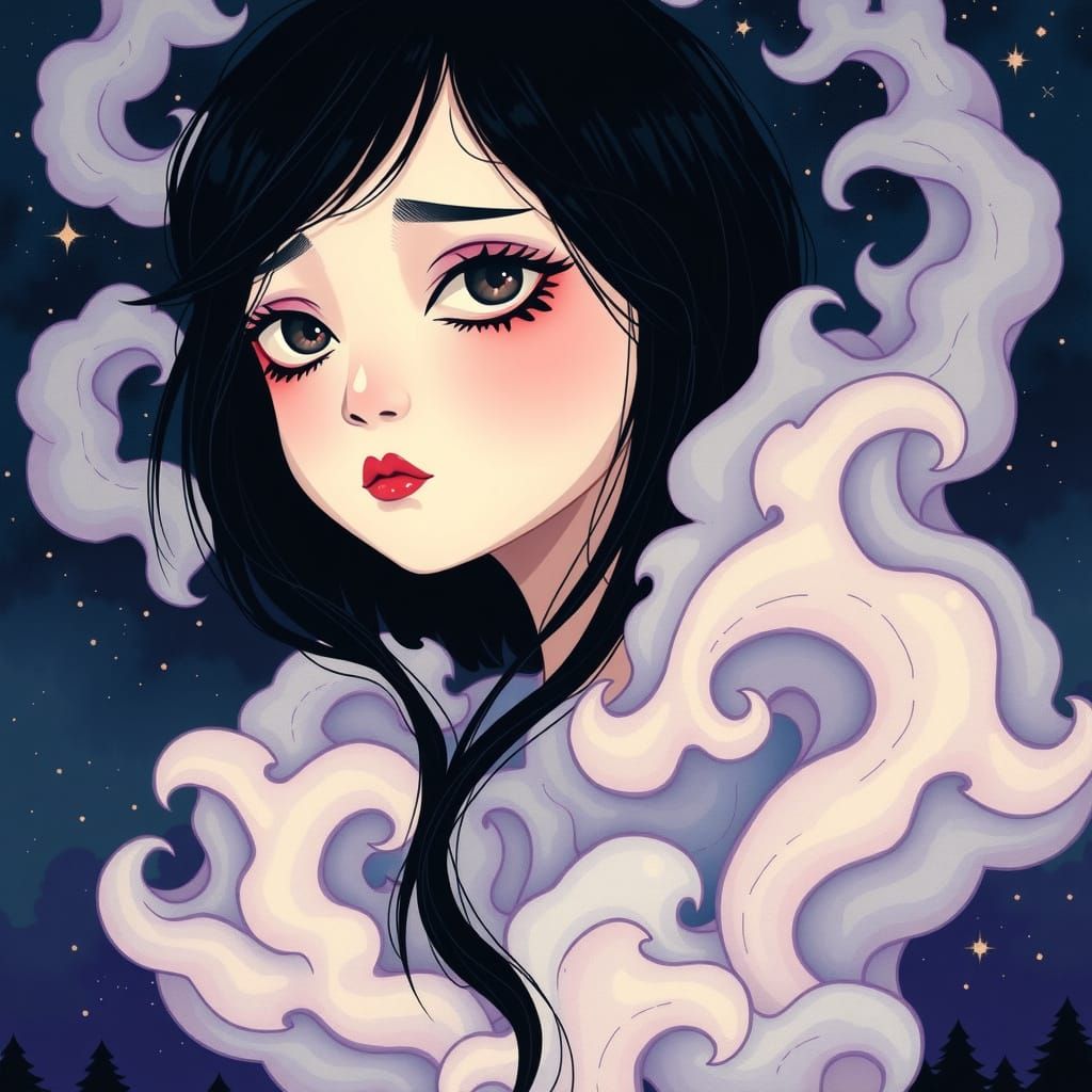 Whimsical Emo Goth Girl in Dreamy, Starry Skies