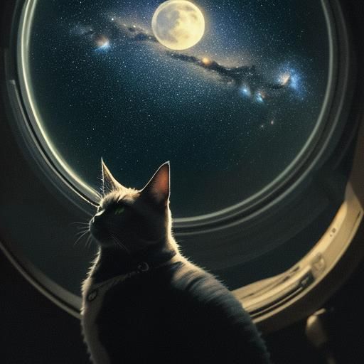 Cats Meowing at Moon in Space: Cinematic Film Still