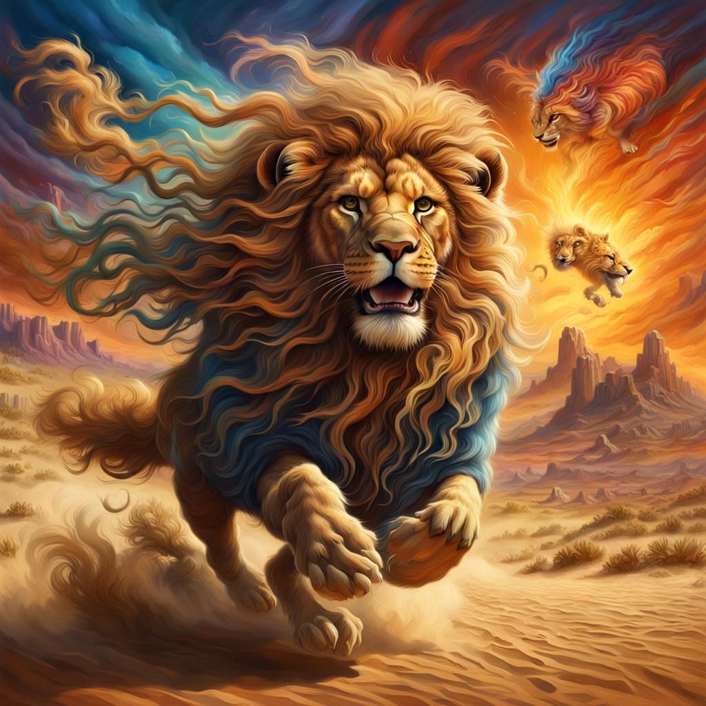 Fluffy Lion in Desert Storm: Matte Painting Style