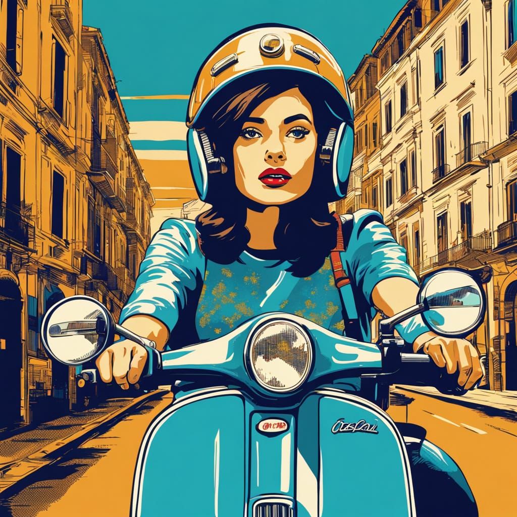 Italian Woman on Vespa Scooter in Pop Art Style