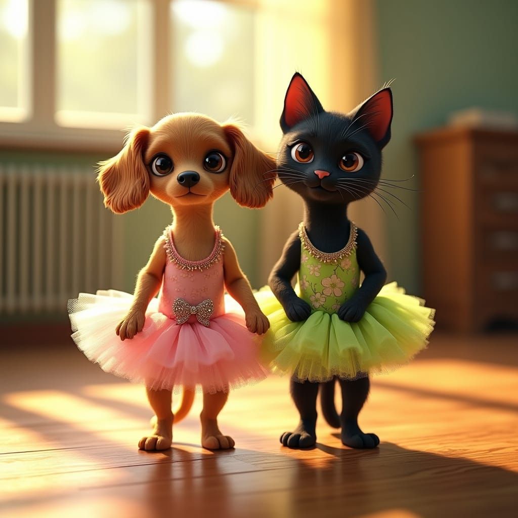 Dog and Cat Ballet Dancers in Art Nouveau Style