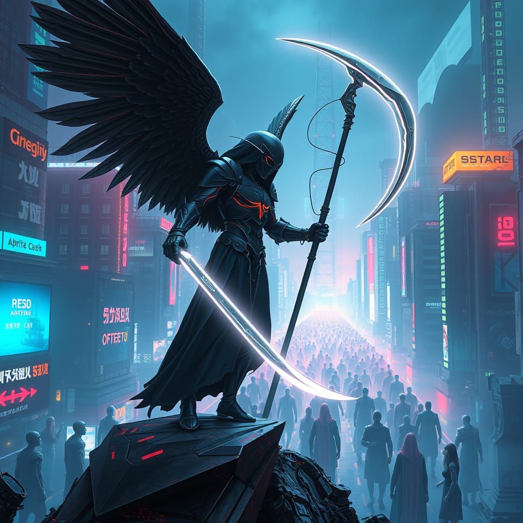 Cyberpunk Angel of Death in Neon Cityscape