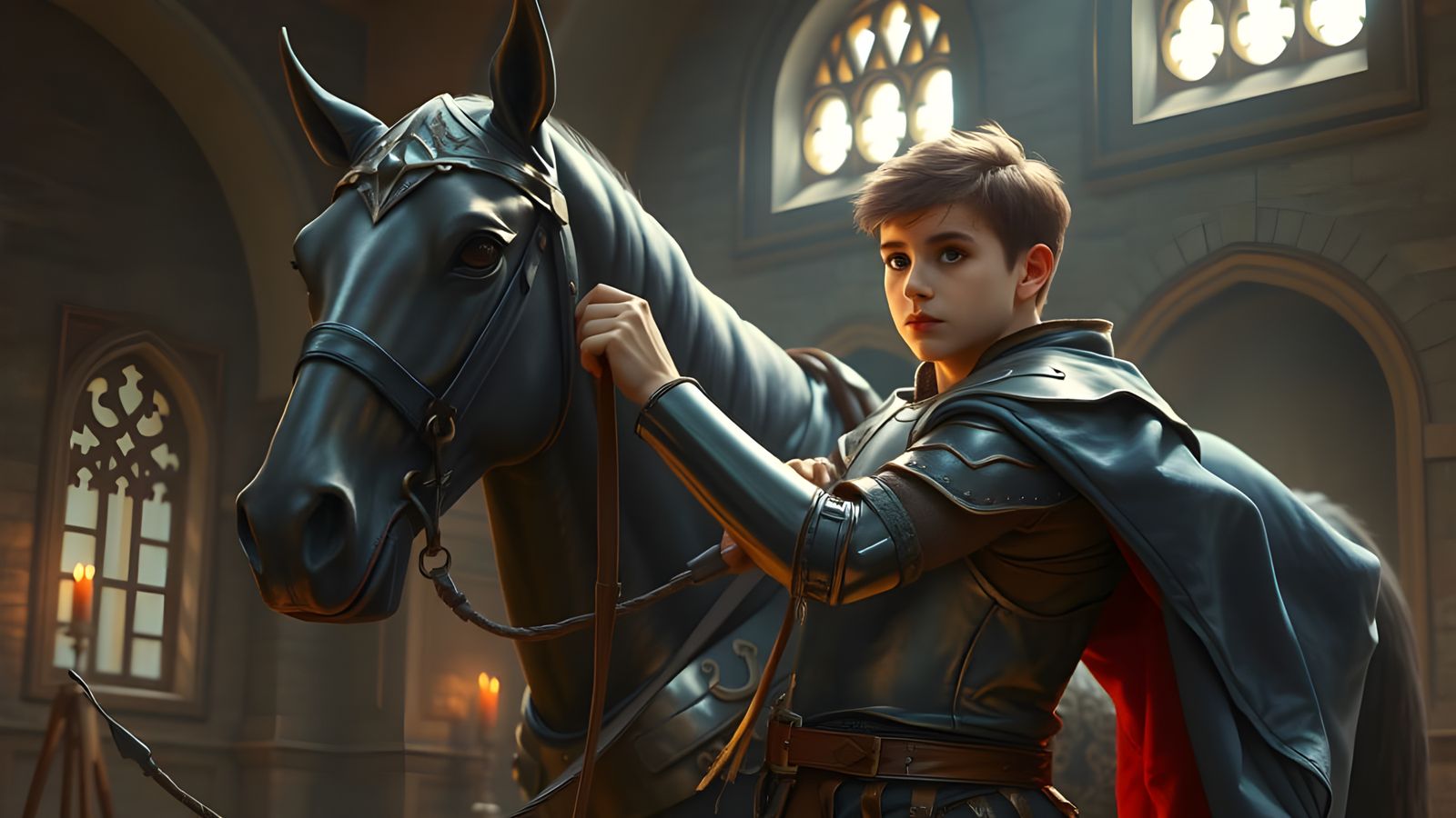 Fantasy Squire Tending Knightly Horse in Stable