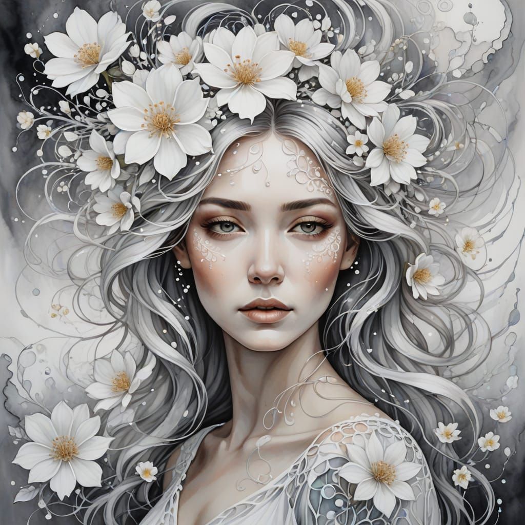 Ethereal Woman Portrait with Floral Hair in Expressionism