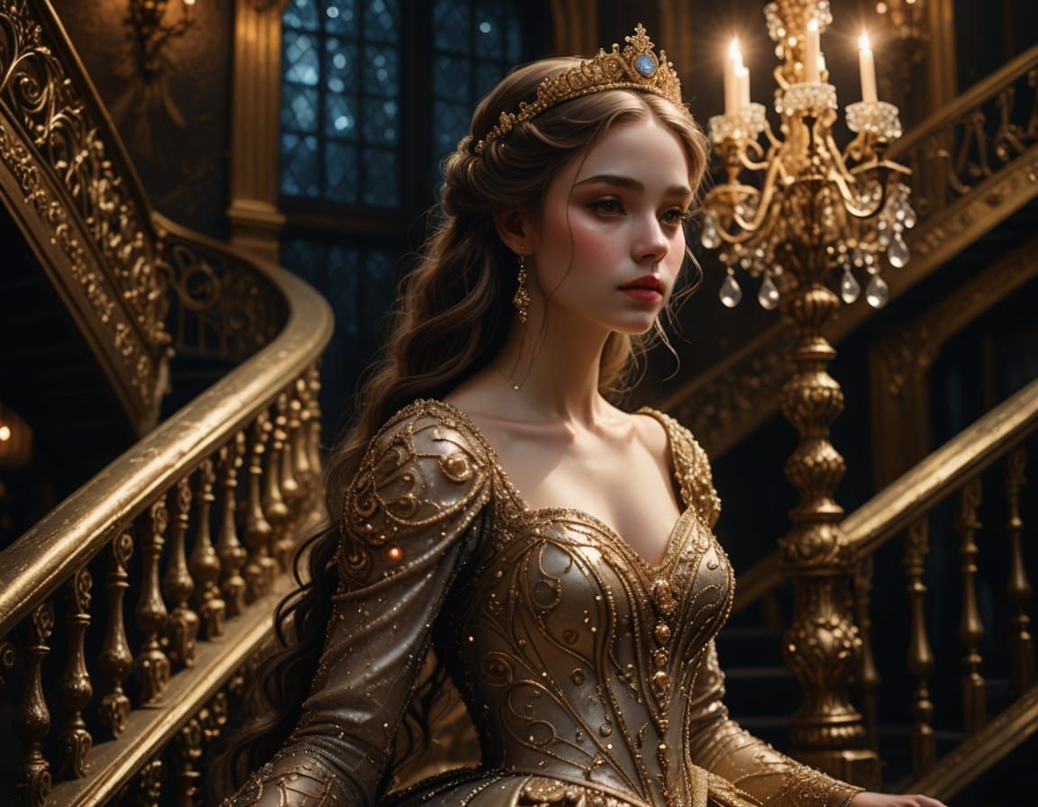 Princess on Bronze Staircase with Golden Sparkles