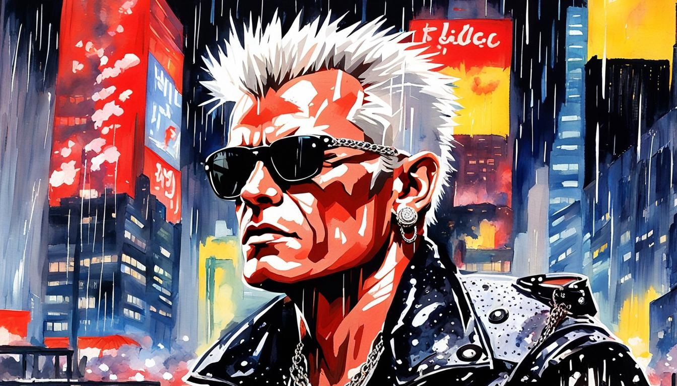 Billy Idol Portrait in Rainy NYC, Watercolor Pop Art