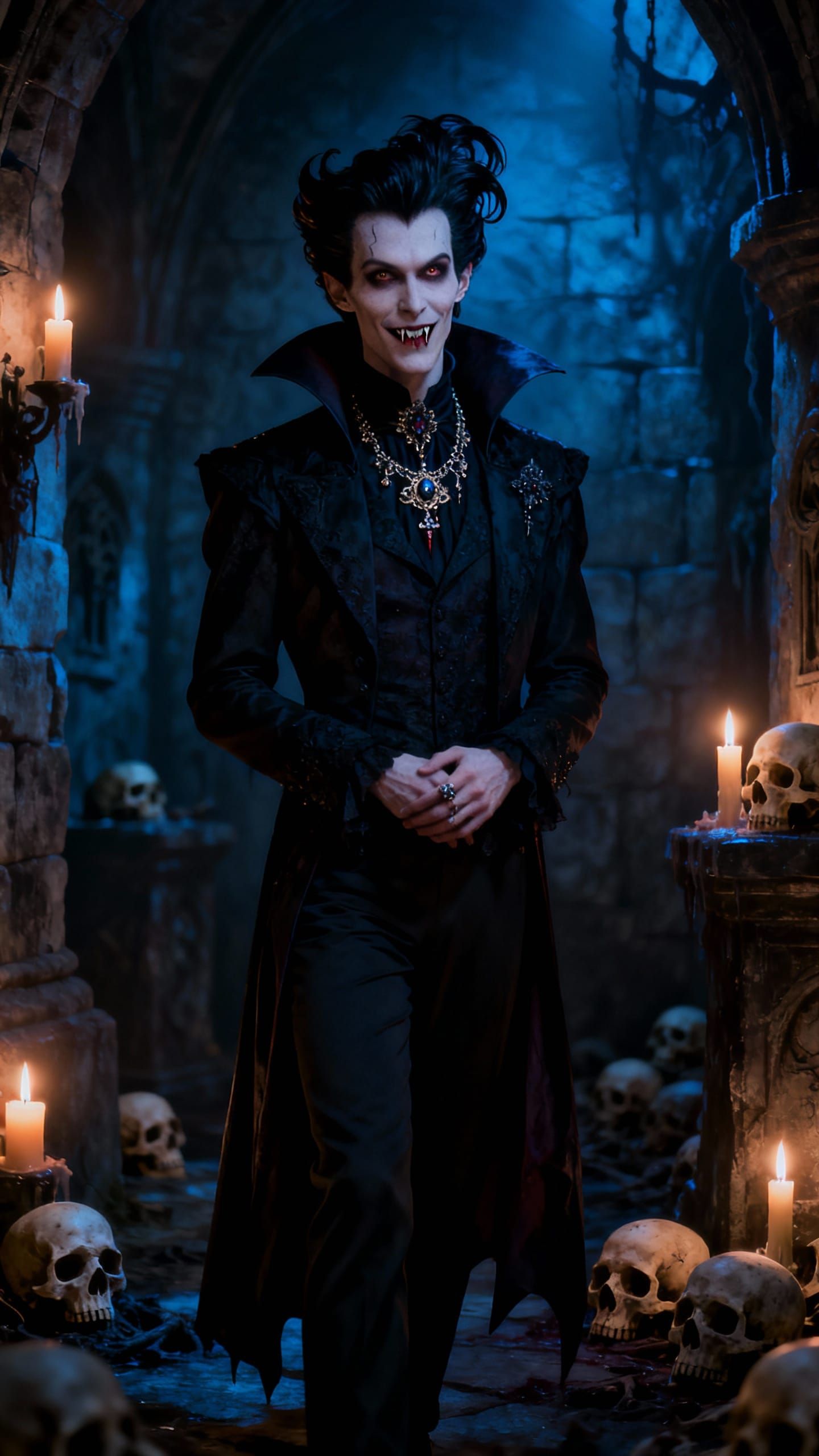 Classy Vampire with Fangs in Crypt