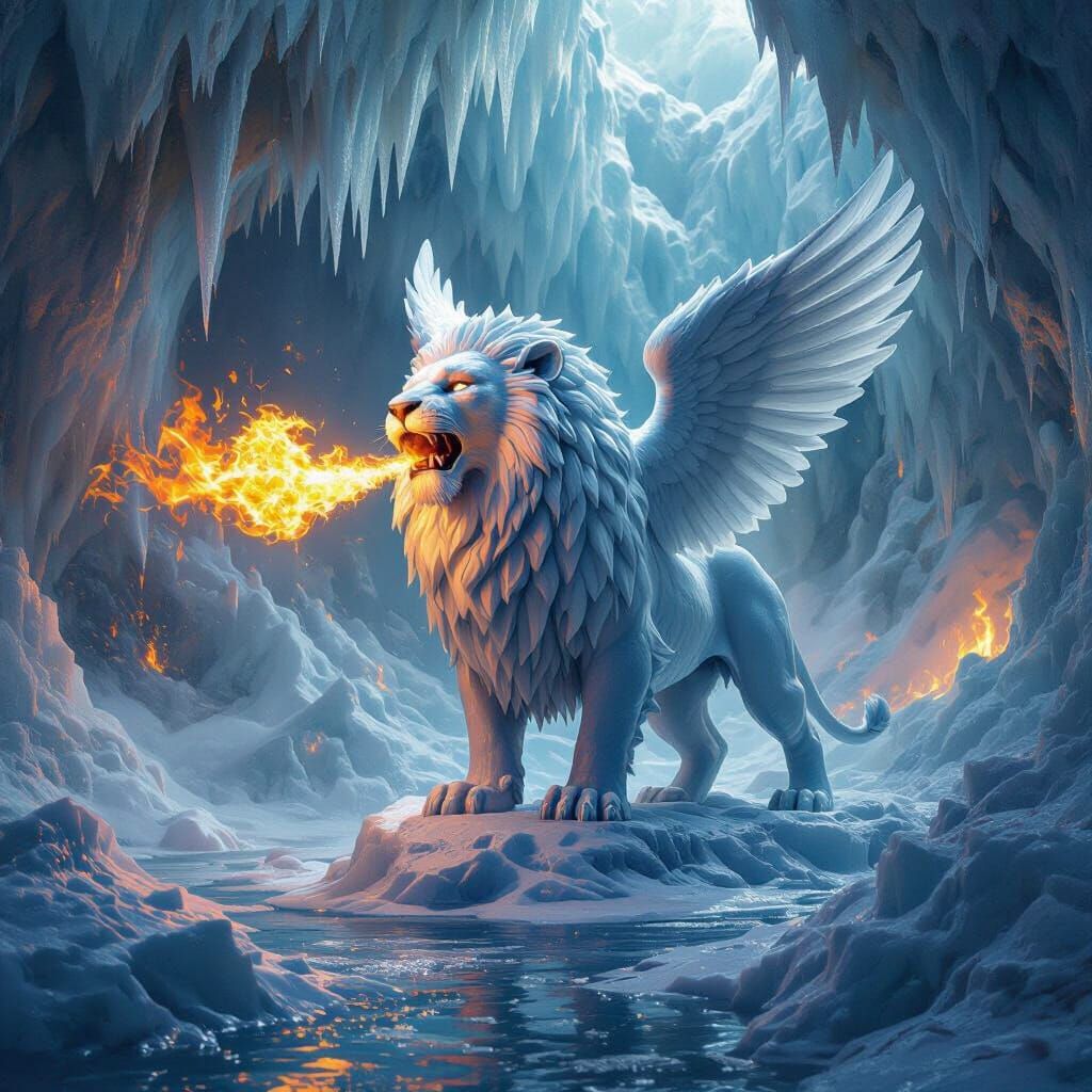 Winged Ice Lion Sculpture in a Fiery Landscape