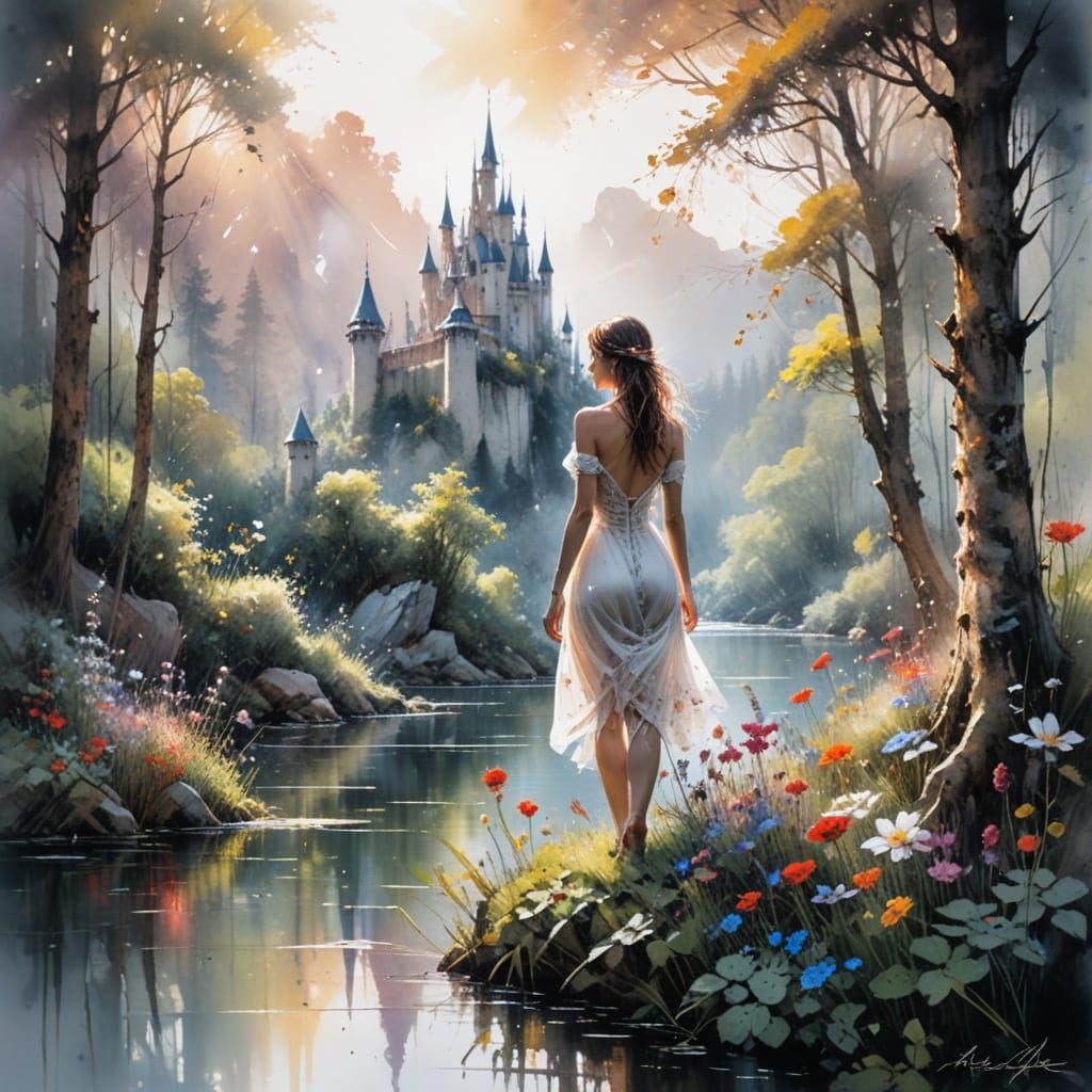 Vibrant Mountain Castle Amidst Blooming Wildflowers in Whims...