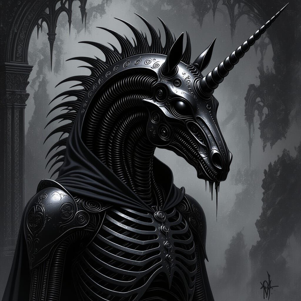 Gothic Xenomorph Unicorn in Dark Fantasy Style